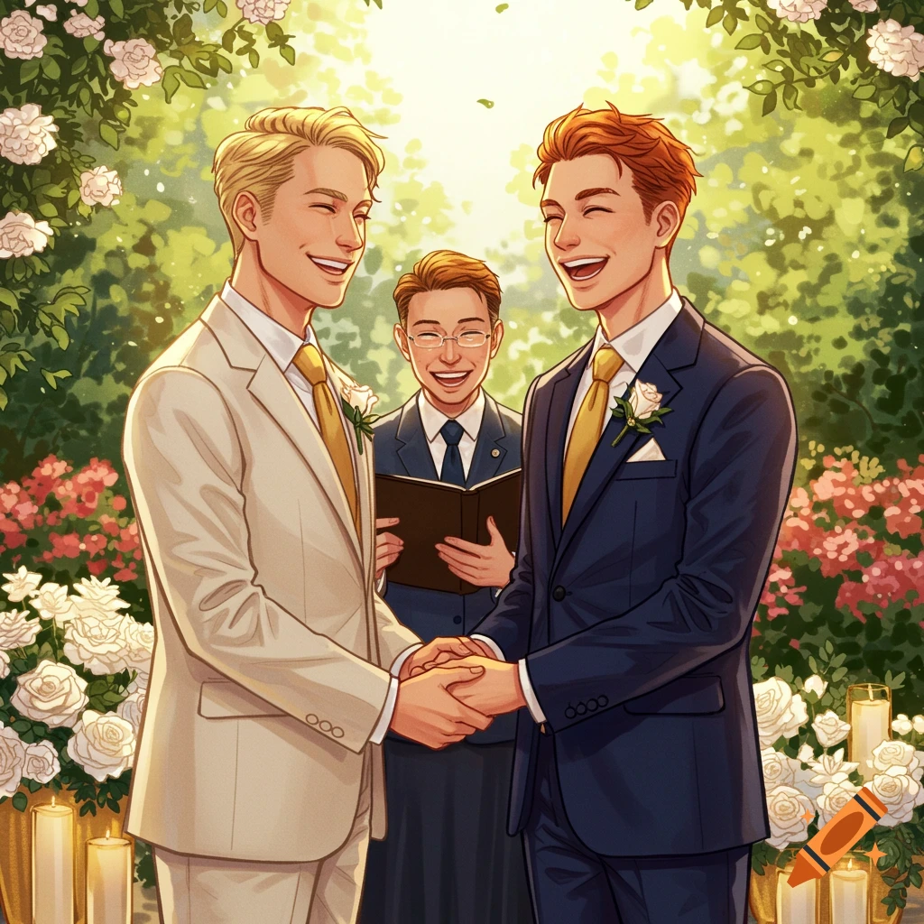 Two smiling men in suits hold hands at an outdoor wedding ceremony, with an officiant behind them and white and pink flowers around.