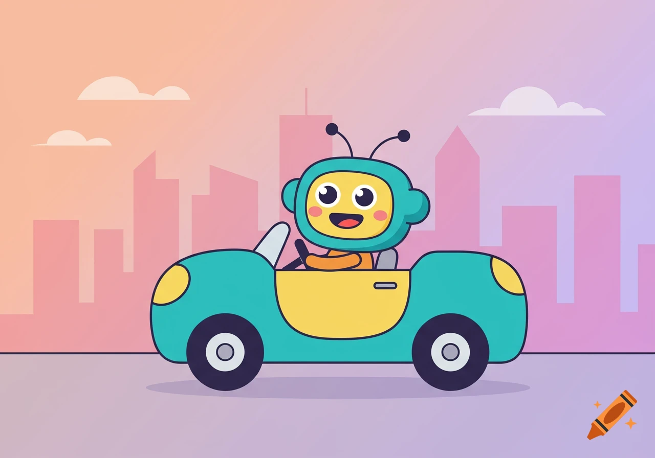 A cute, happy cartoon robot in a teal and yellow convertible car, with a city skyline and colorful sky in the background.
