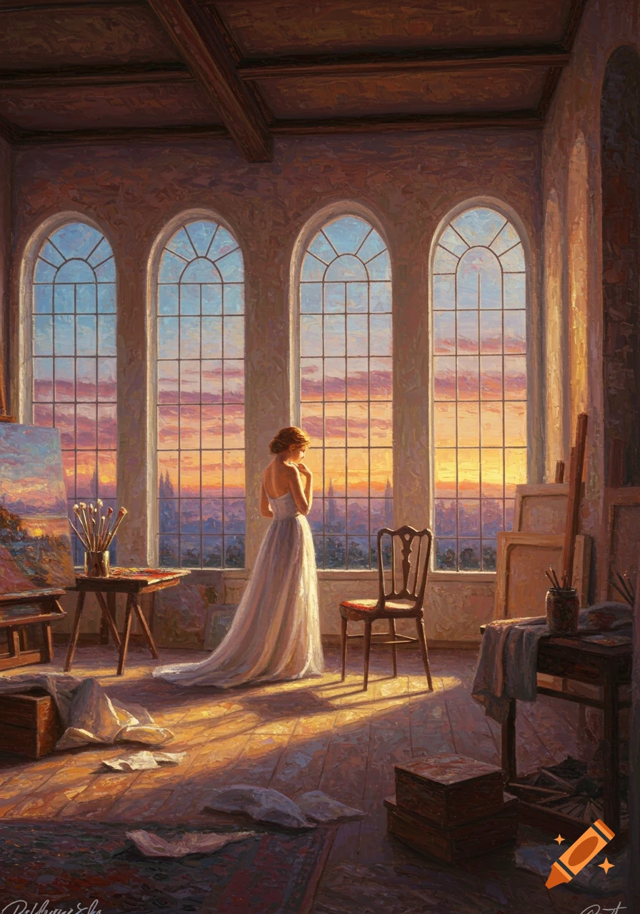 A woman in a white gown stands in an artist's studio, looking out of three large arched windows at a city skyline during a colorful sunset. The scene is rendered in a painterly, post-impressionist style.