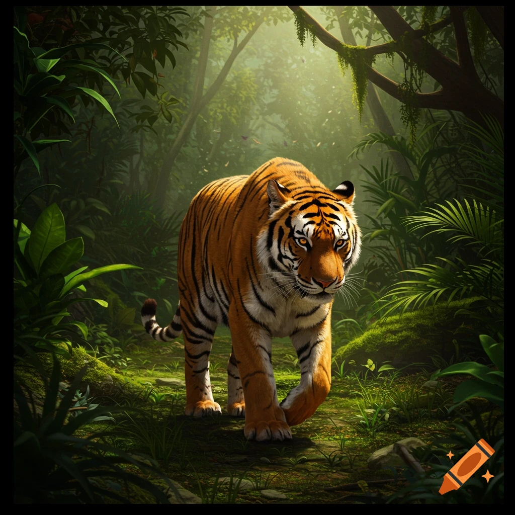 A photorealistic tiger walks through a lush, sun-dappled jungle.