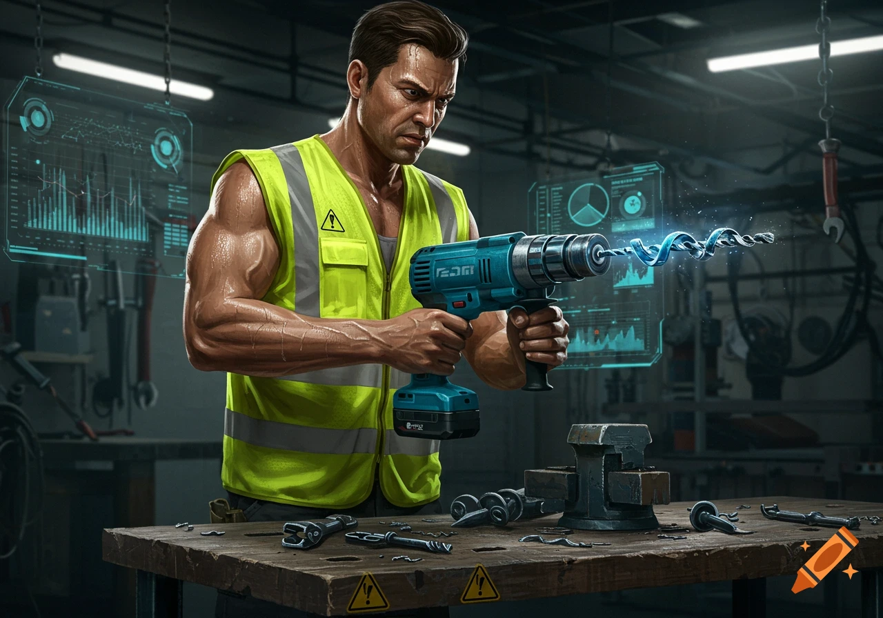 A muscled man in a reflective vest holds a glowing blue power drill in a workshop with holographic displays.
