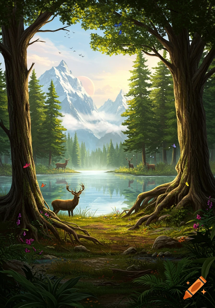 A vibrant forest scene with two large trees framing a clear lake, snow-capped mountains, and several deer.