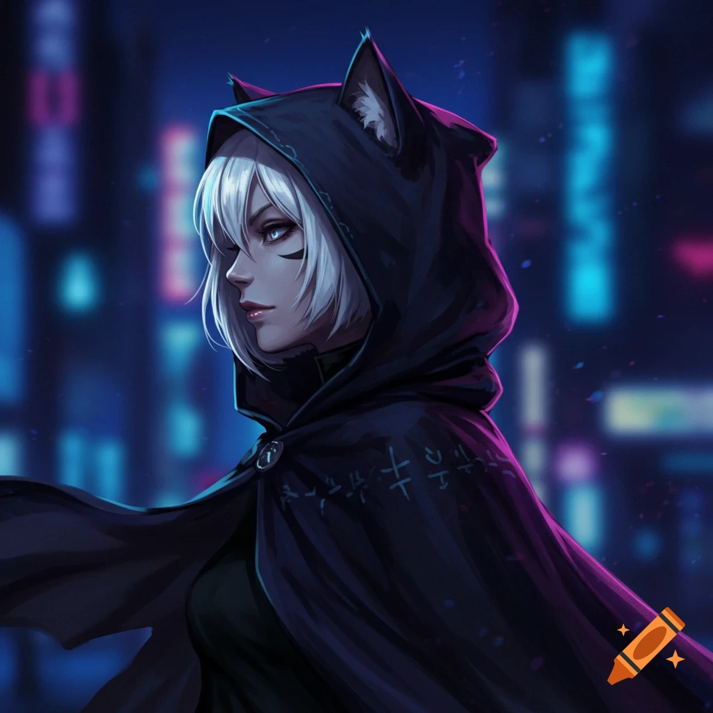 Anime catgirl with white hair and black hooded cloak, featuring cat ears and eye markings, against a neon city night background.