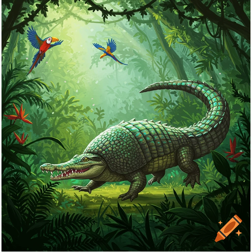 A vibrant illustration of a green crocodile walking through a lush jungle with two colorful parrots flying above.