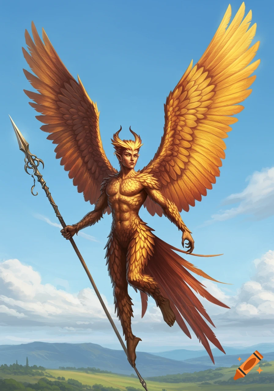 A winged, golden-feathered humanoid creature with horns and elf-like ears, holding a spear, flies in a blue sky above a green landscape.