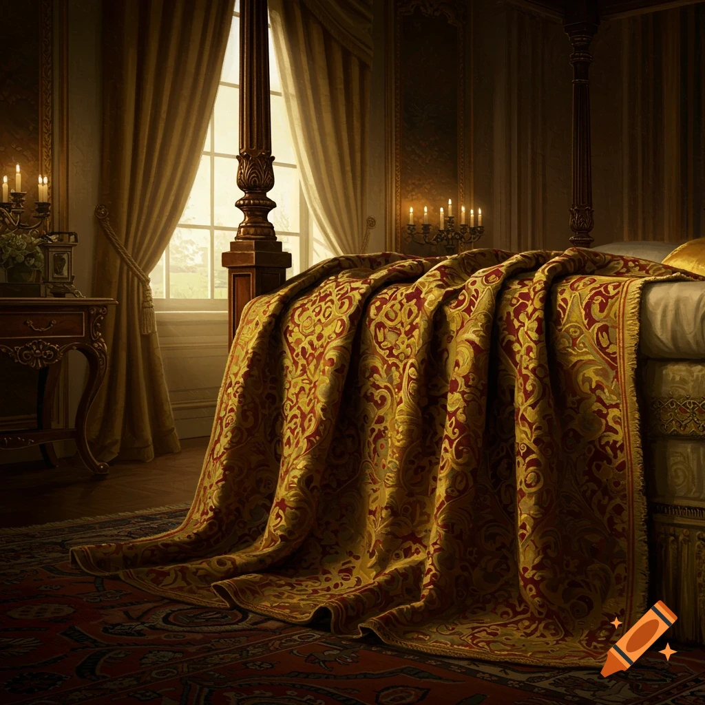 A luxurious bedroom with a four-poster bed covered by a gold and red patterned blanket, lit by candles.