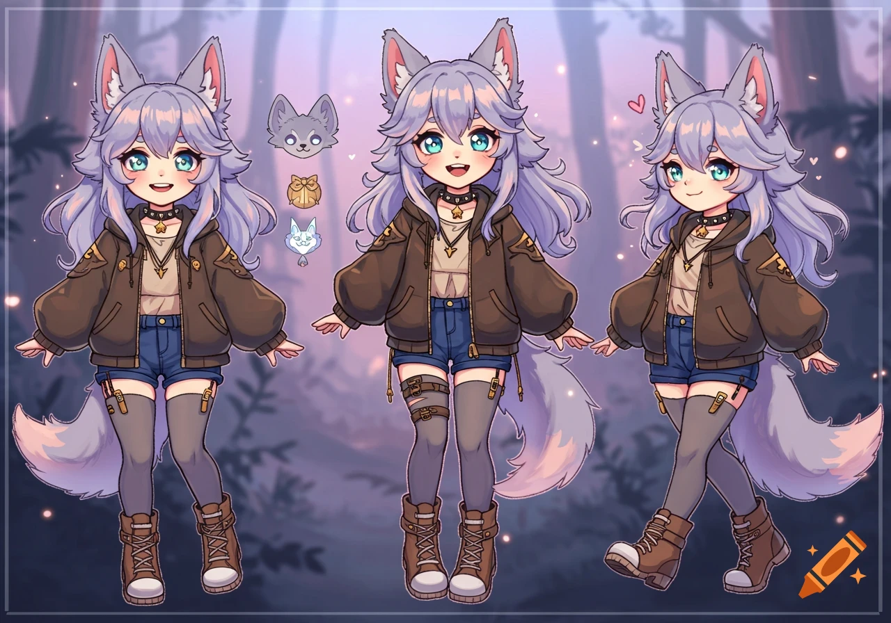 A character sheet featuring three full-body views of a cute anime wolf girl with light purple hair, wearing a brown jacket and shorts, set in a mystical forest.
