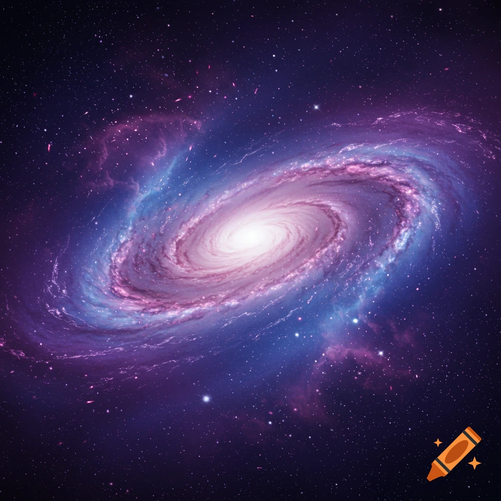 A vibrant spiral galaxy with purple, pink, and blue nebulae and numerous stars against a dark cosmic background.
