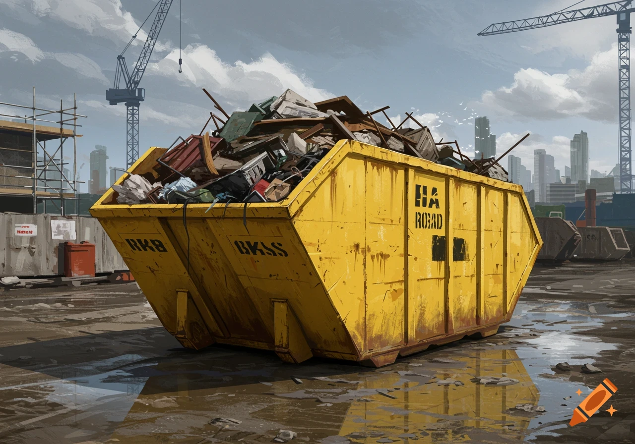 A yellow waste skip overflowing with debris at a construction site, with cranes and a city skyline in the background, in a painterly style.