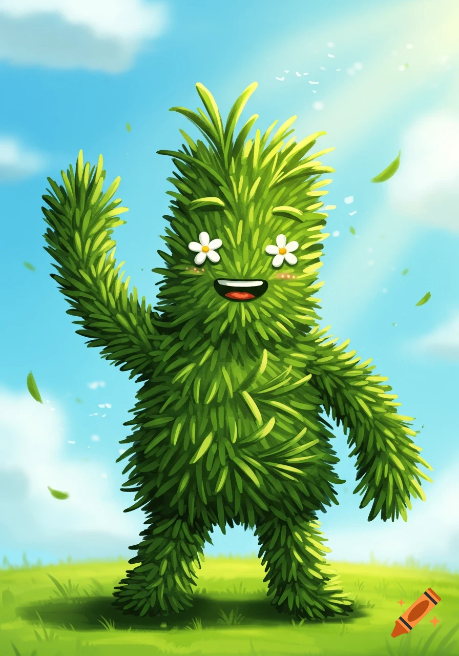A cartoon man made of green leafy bush with white daisy eyes smiles and waves in a sunny green field under a blue sky.