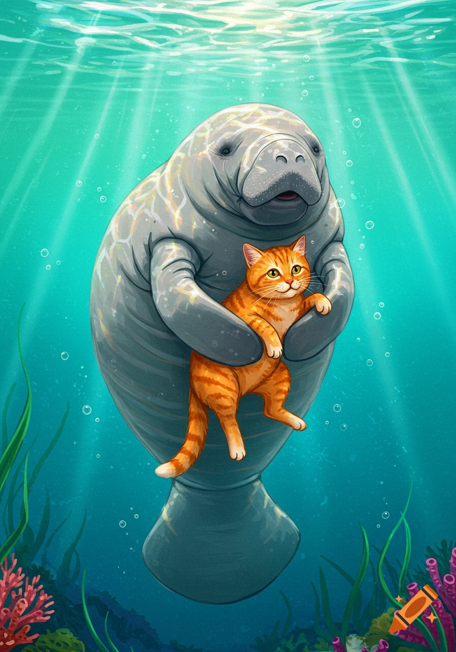 A cute, cartoonish illustration of a manatee gently holding an orange tabby cat underwater with light rays shining through the surface.