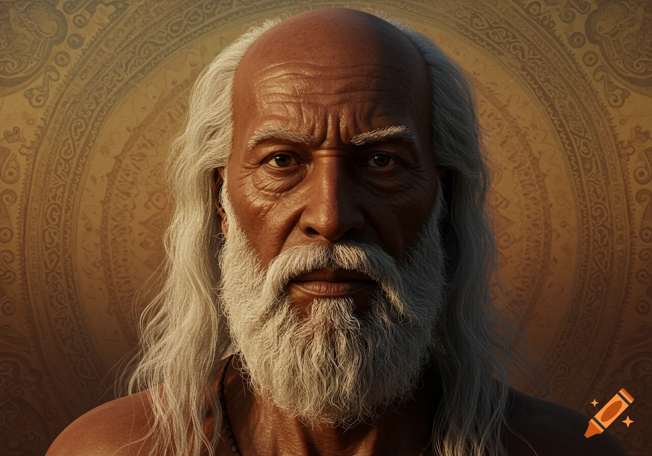 Close-up photorealistic portrait of an old man with long white hair and a white beard, against a patterned background.