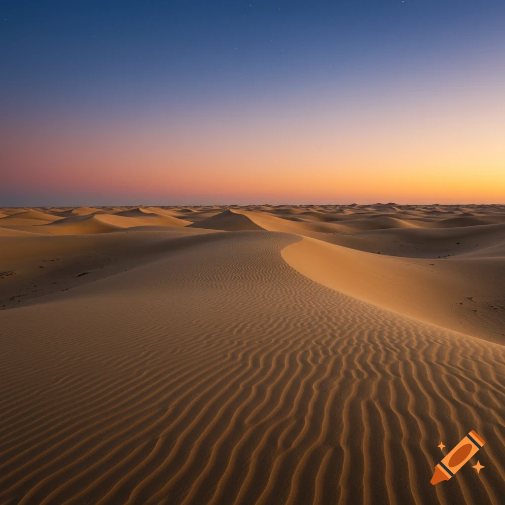 Vast desert landscape with rolling sand dunes under a colorful gradient sky at sunset, with faint stars.