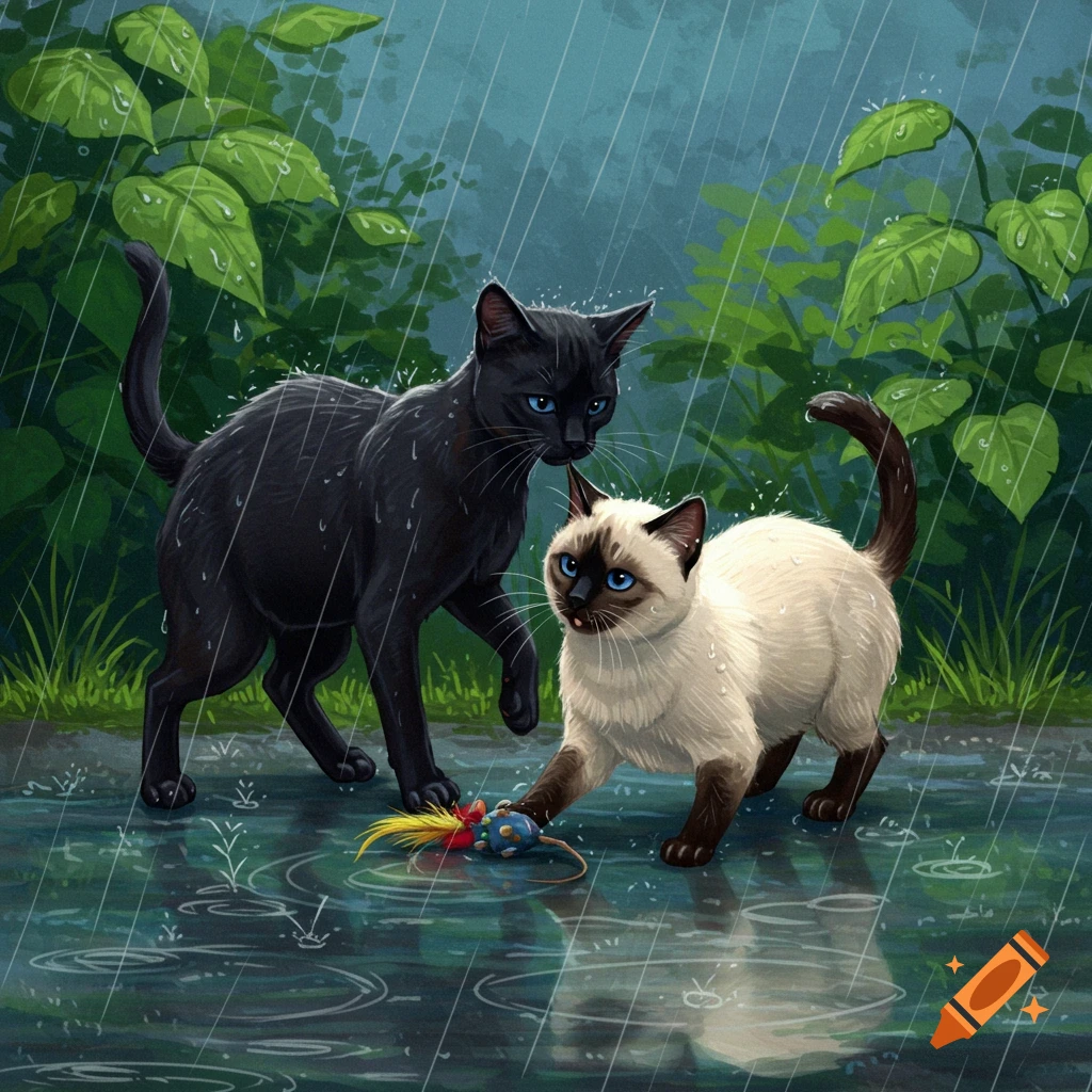 A black Bombay cat and a Siamese cat play with a toy mouse in the rain, illustrated.