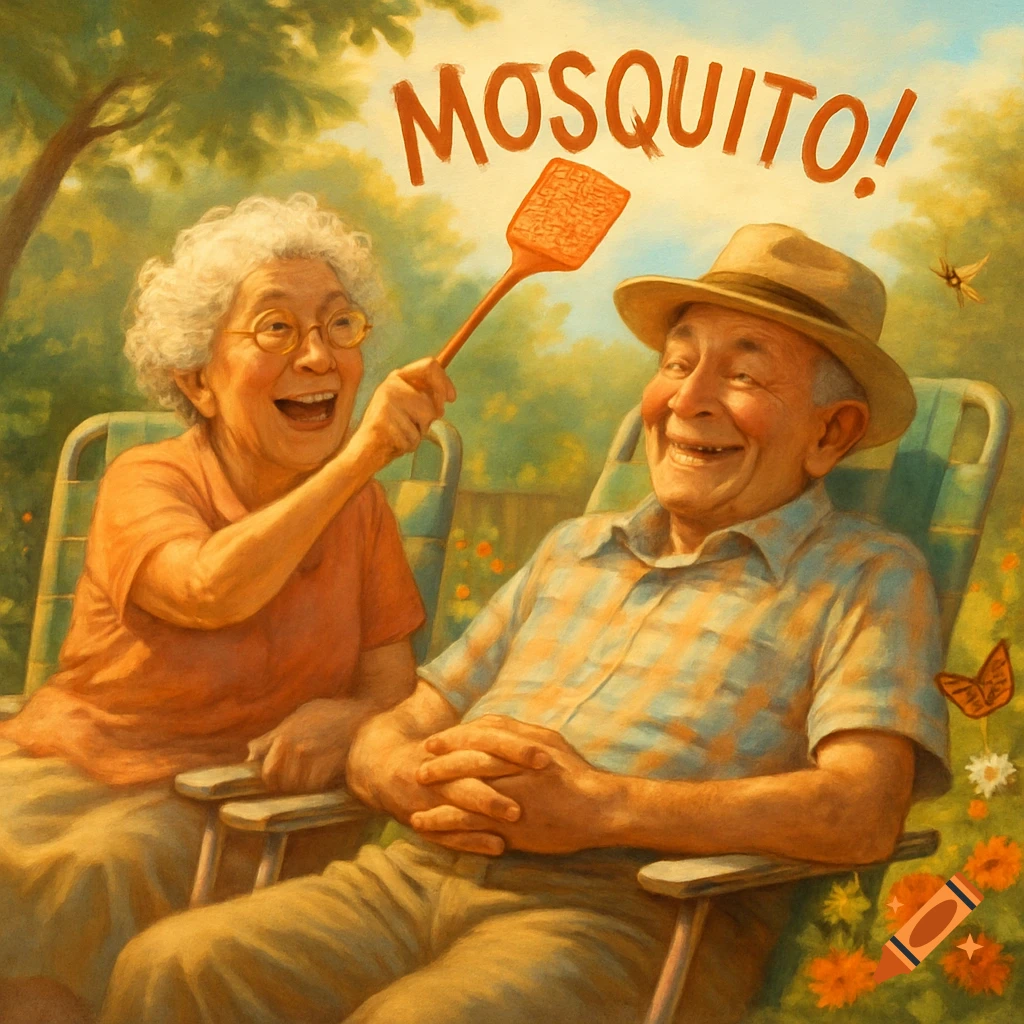 An elderly woman smiling widely taps her husband's head with a fly swatter while he laughs. The word "MOSQUITO!" floats above them.