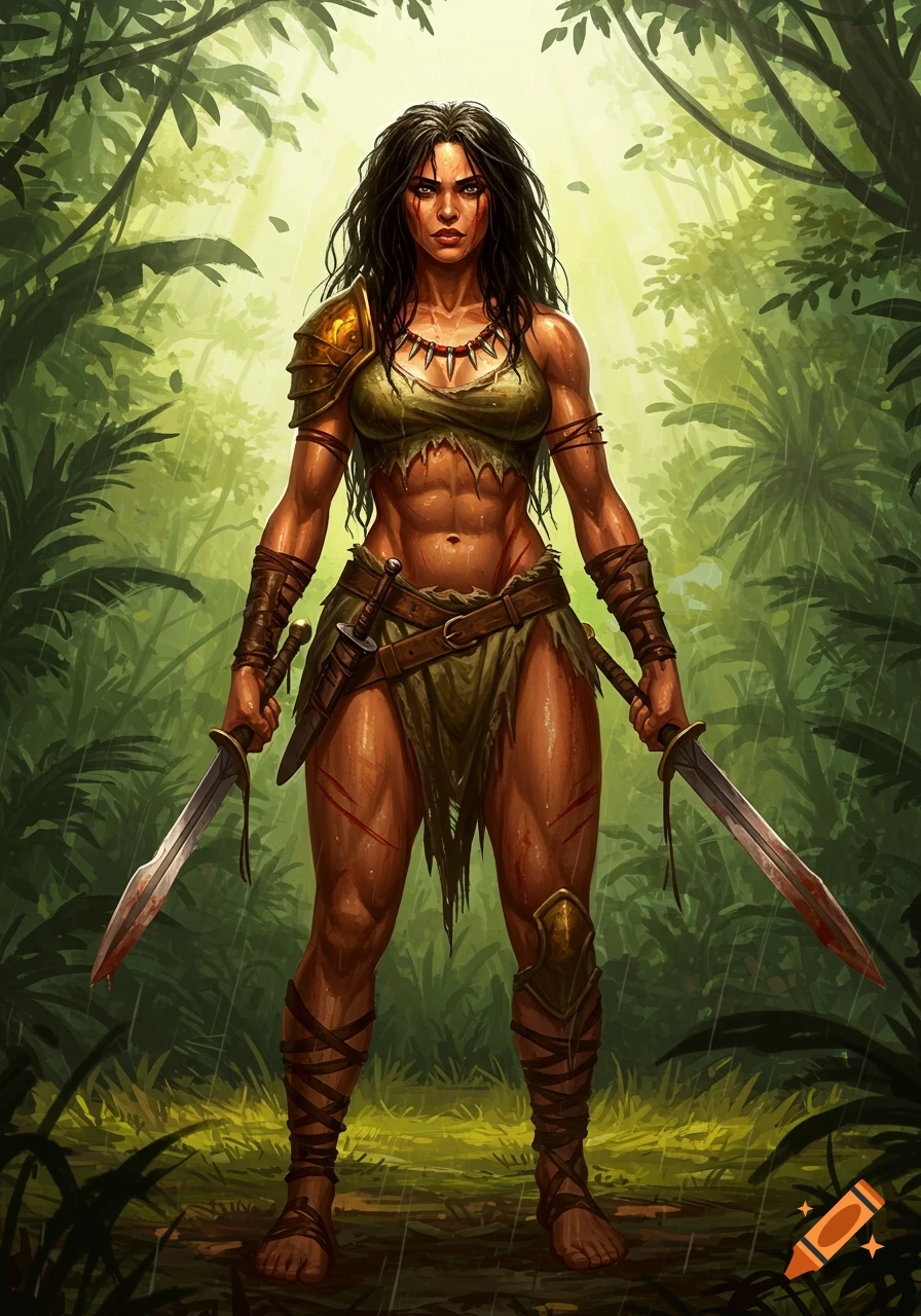 A fierce Amazonian warrior with dark hair and battle wounds stands in a lush jungle, holding two swords.