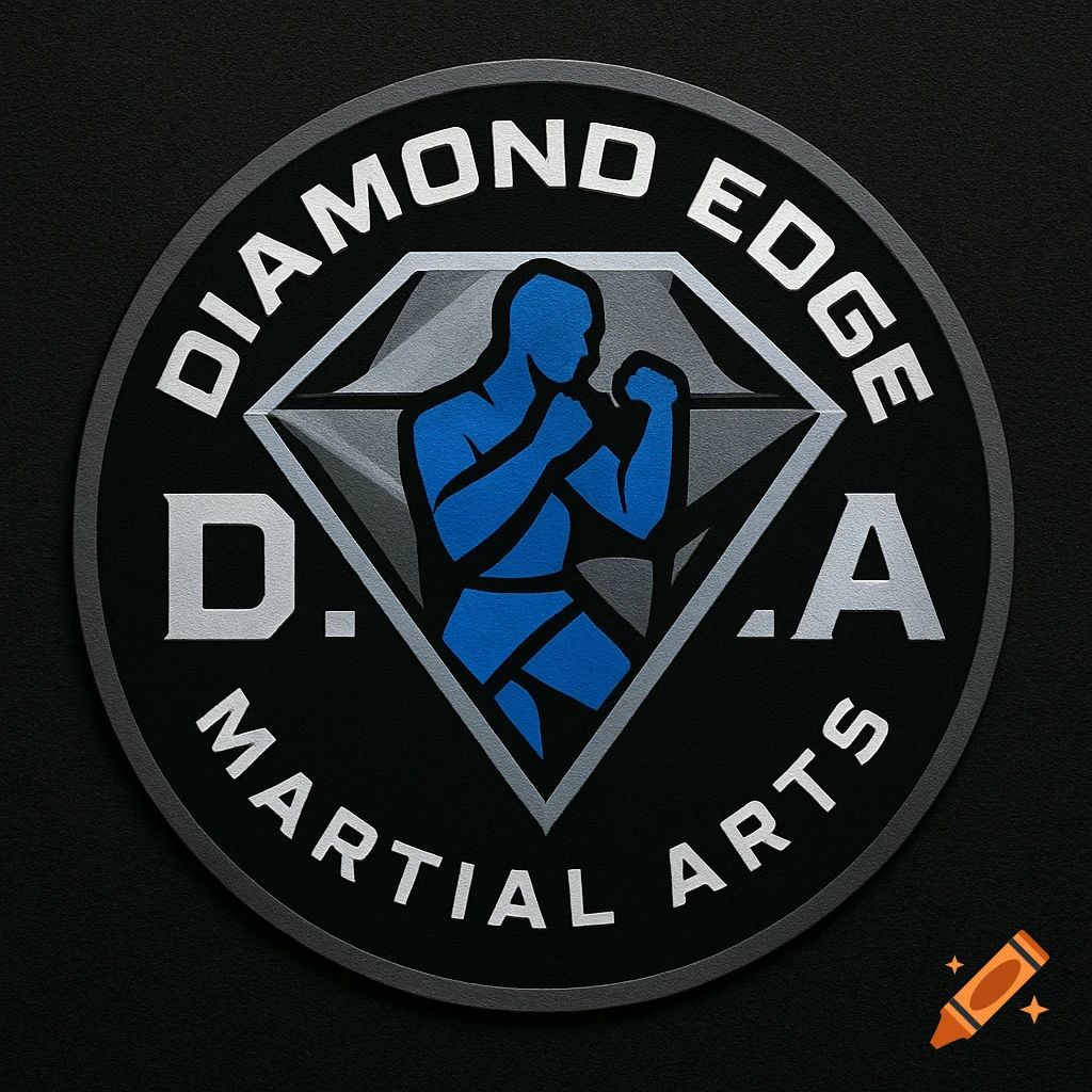 A black circular logo for Diamond Edge Martial Arts, featuring a blue silhouette of a fighter within a silver diamond, with the words 'Diamond Edge' and 'Martial Arts' around it.