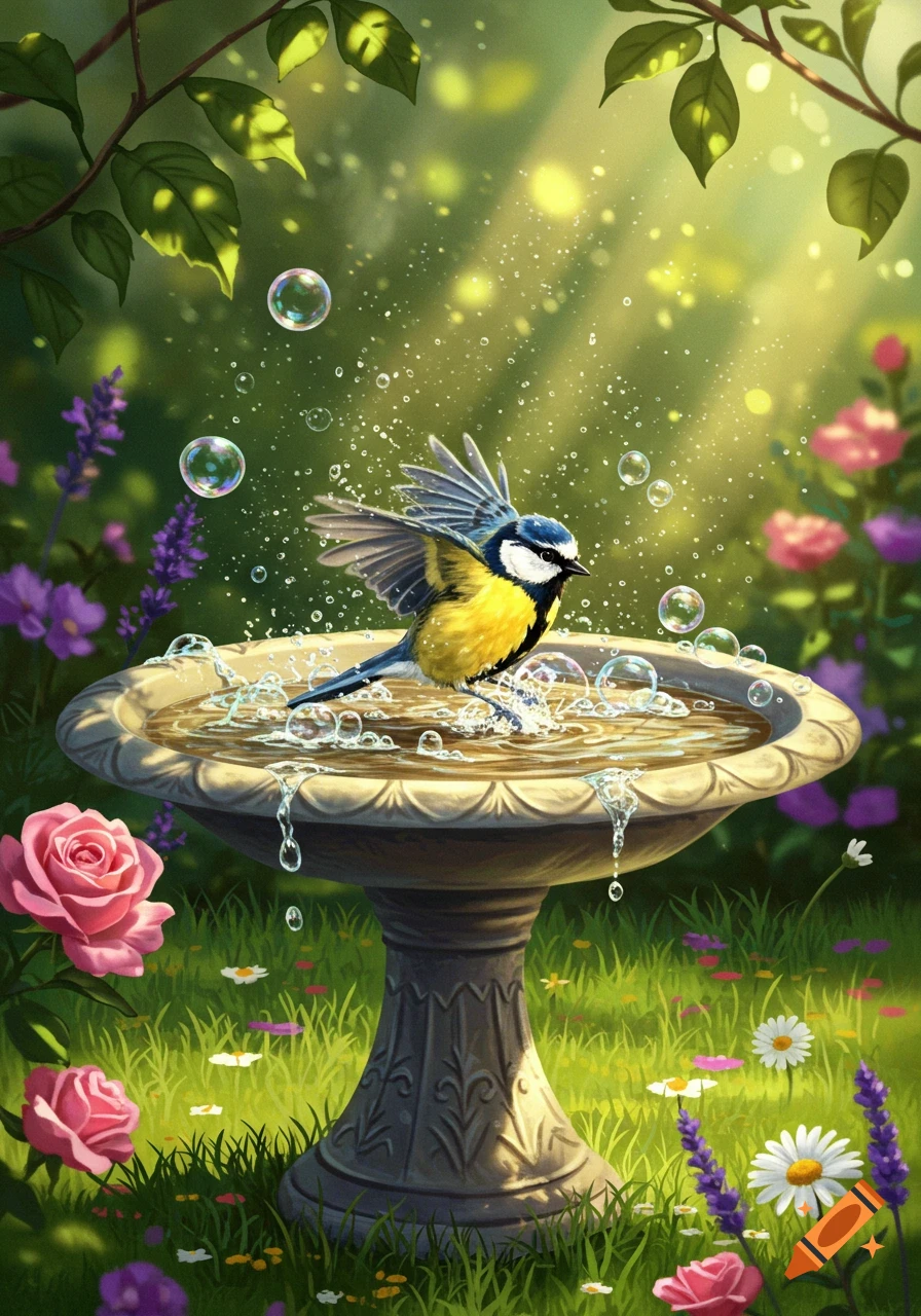 A vibrant illustration of a blue tit bird splashing in a bird bath, surrounded by pink roses, purple lavender, and green foliage in a sunny garden.