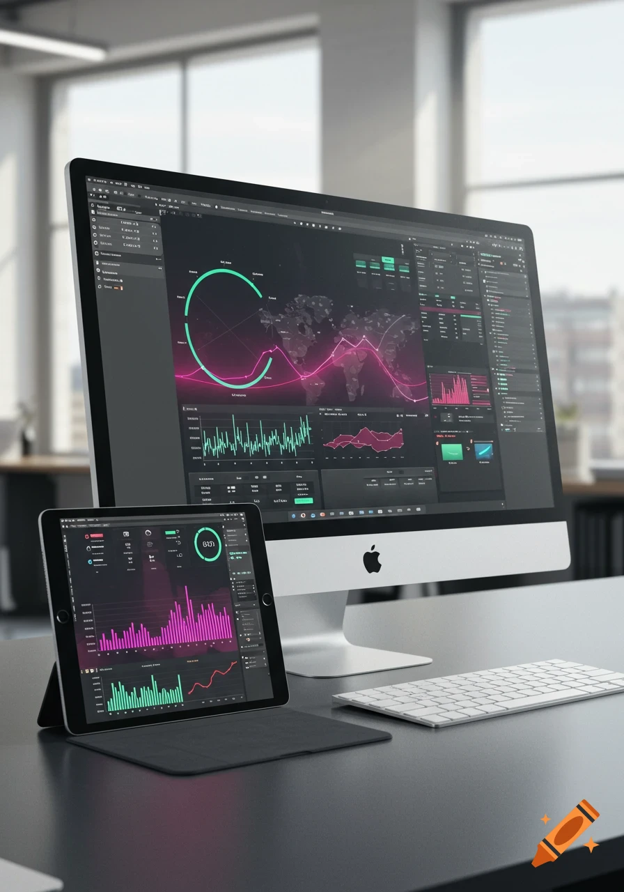An iMac and iPad on a desk display data dashboards with charts and graphs in pink and green, next to a white keyboard.