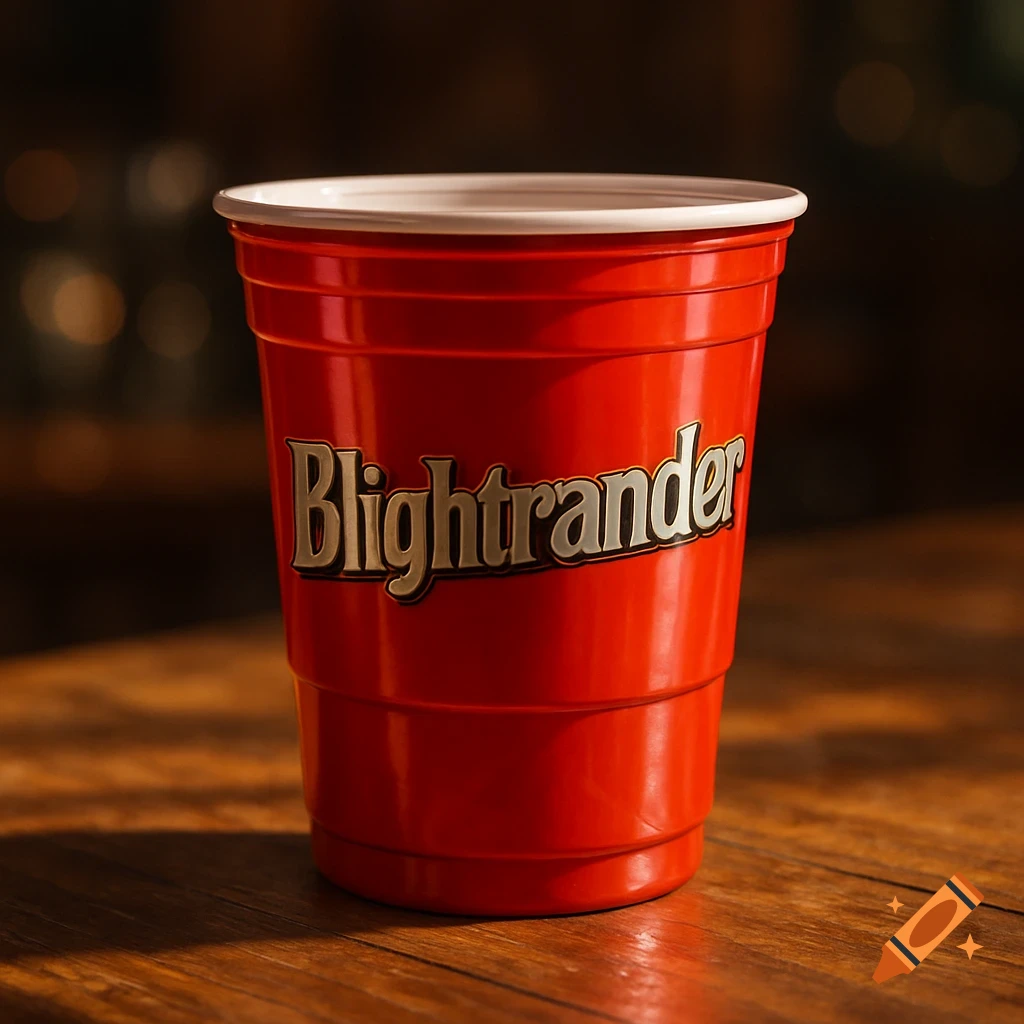 A red plastic cup with "Blightrander" printed on it, sitting on a wooden table.