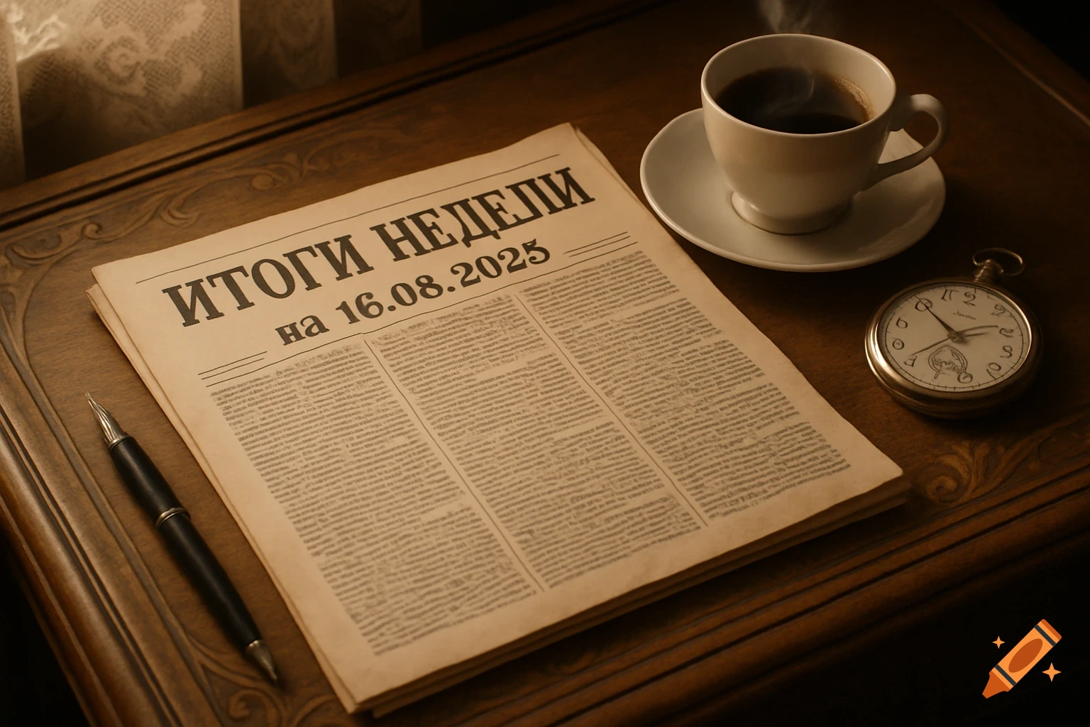 A newspaper titled 'ИТОГИ НЕДЕЛИ на 16.08.2025' on a wooden desk with a steaming cup of coffee, a pen, and a pocket watch. Photorealistic.