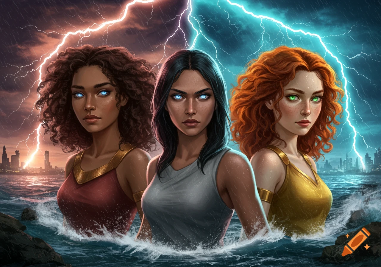 Three powerful women with glowing eyes stand in stormy water under lightning-filled skies, digital art.