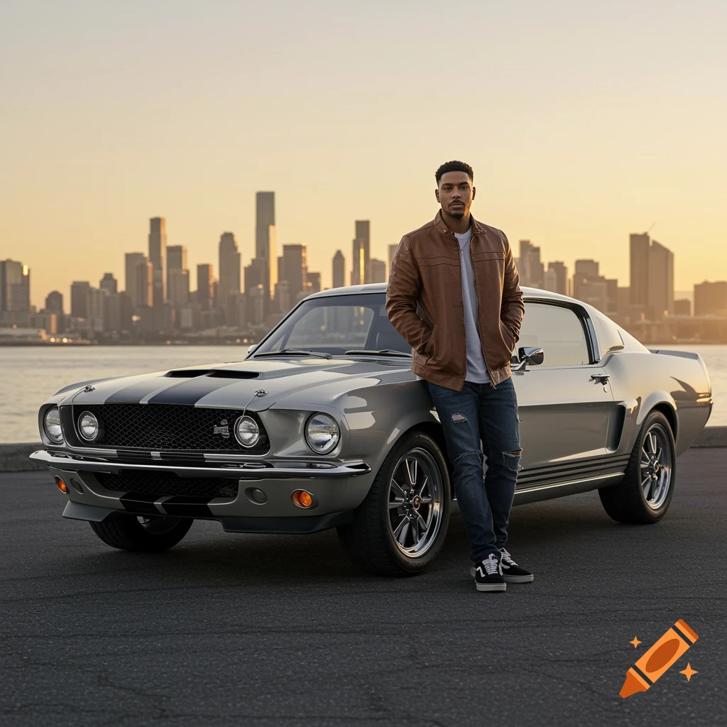 A man in a brown jacket leans on a silver classic Ford Shelby Mustang with a city skyline at sunset.