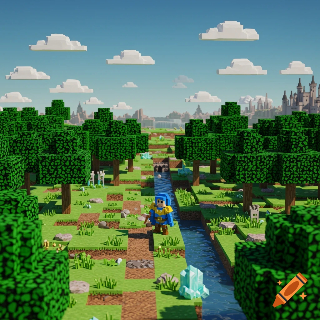 A pixel art landscape with a character, river, trees, and a distant castle under a blue sky.