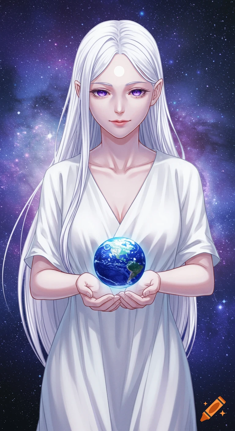 Anime woman with long white hair and purple eyes in a white dress holding the Earth against a cosmic background.