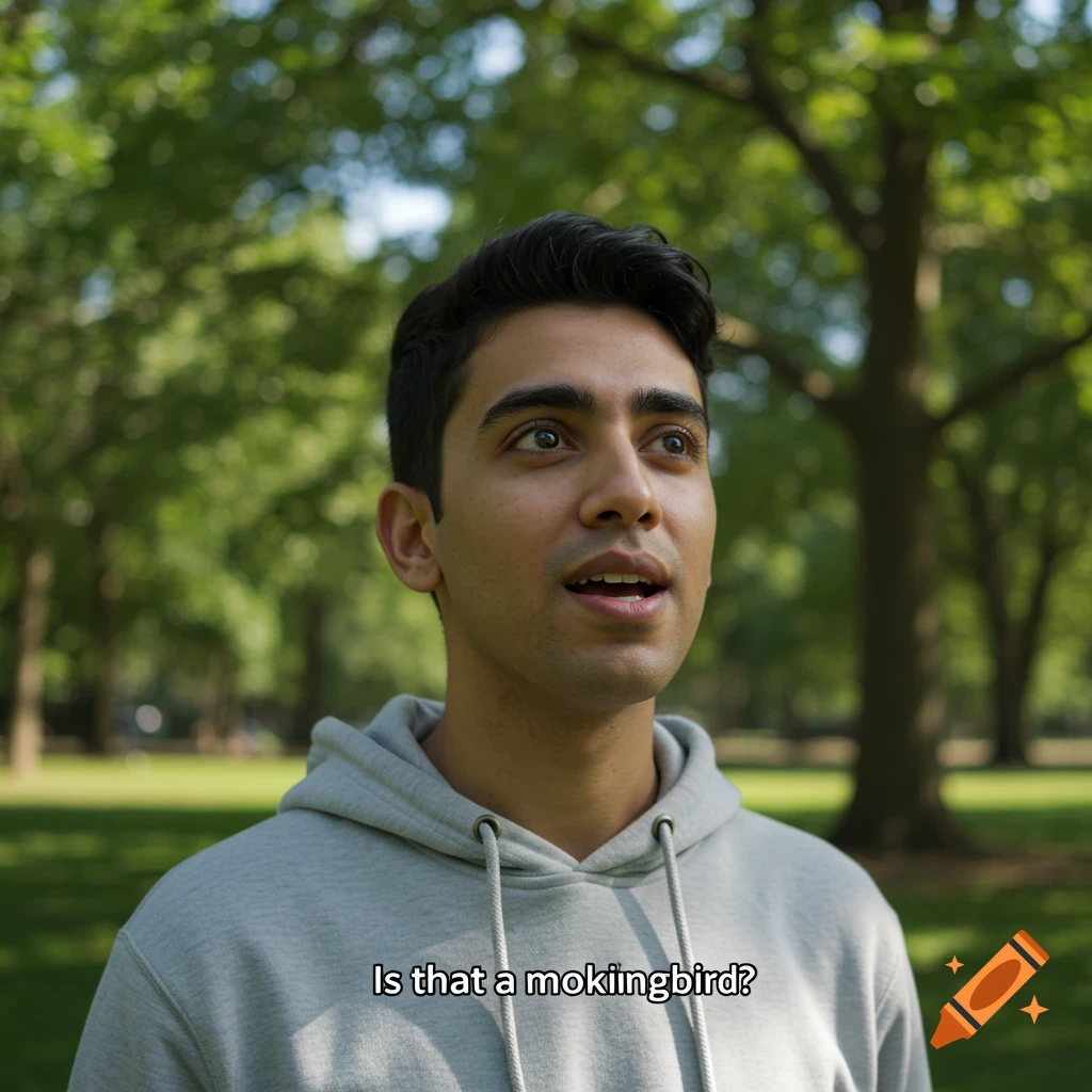A young man with dark hair looks up inquisitively in a park, with green trees in the background and text below.