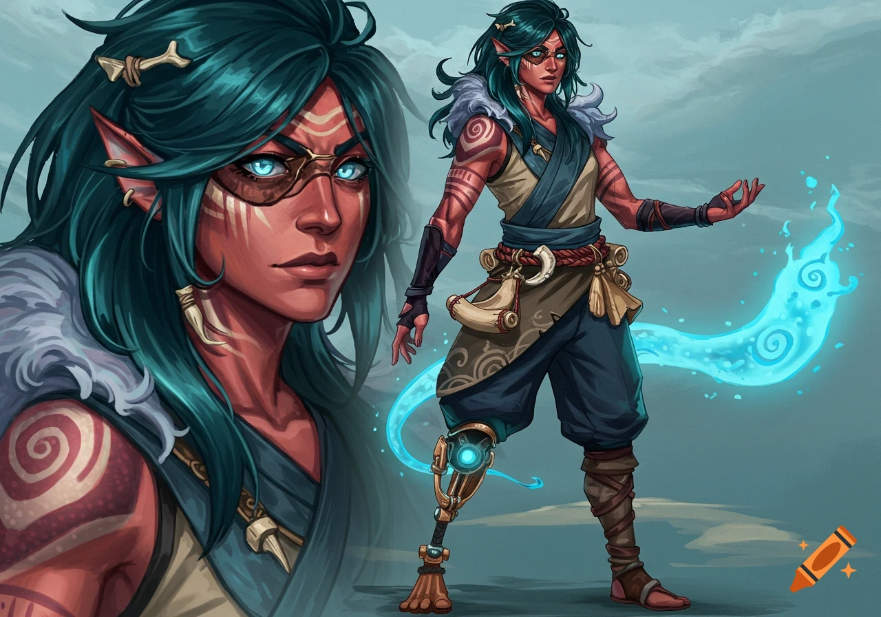 A red-skinned fantasy woman with teal hair, glowing blue eyes, face paint, fur collar, prosthetic leg, and blue magic emanating from her hand.