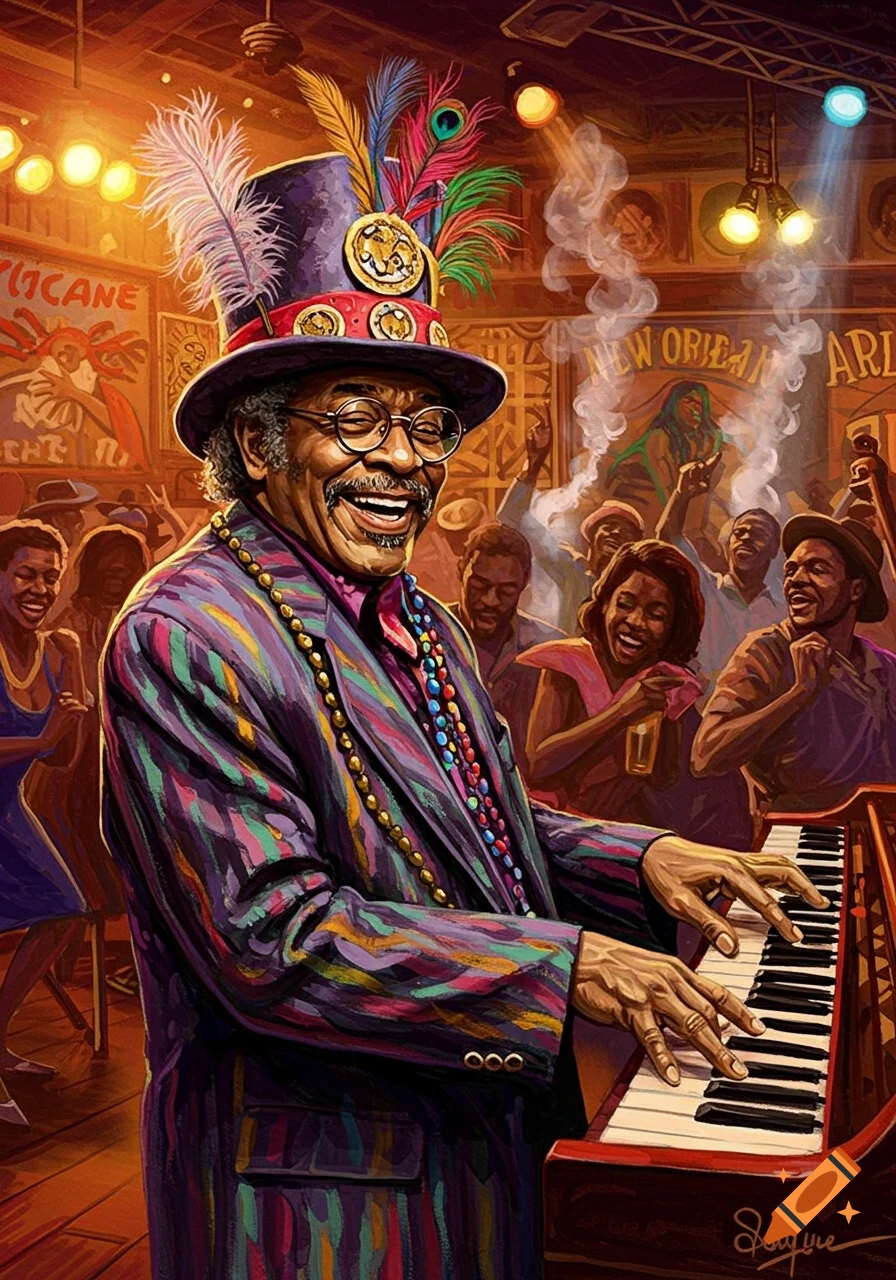 A vibrant, colorful illustration of a smiling man, resembling Dr. John, wearing a feathered top hat and a striped suit, playing a piano in a lively New Orleans music club.