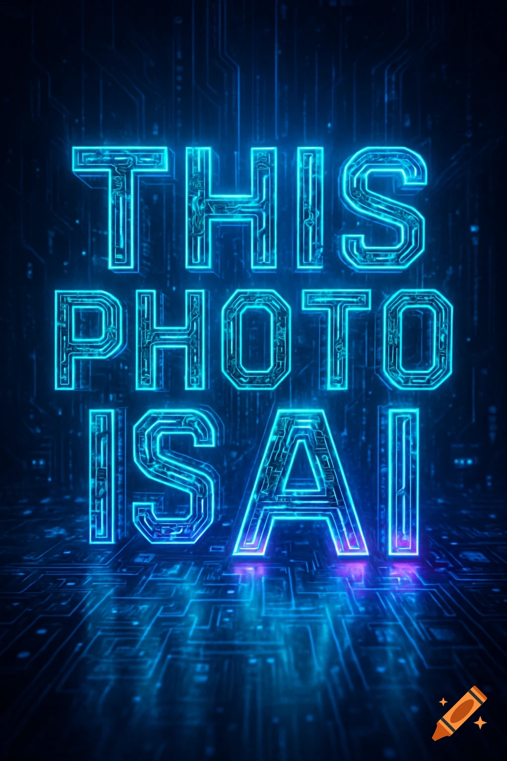 Neon blue glowing text 'THIS PHOTO IS AI' on a dark, futuristic circuit board background.