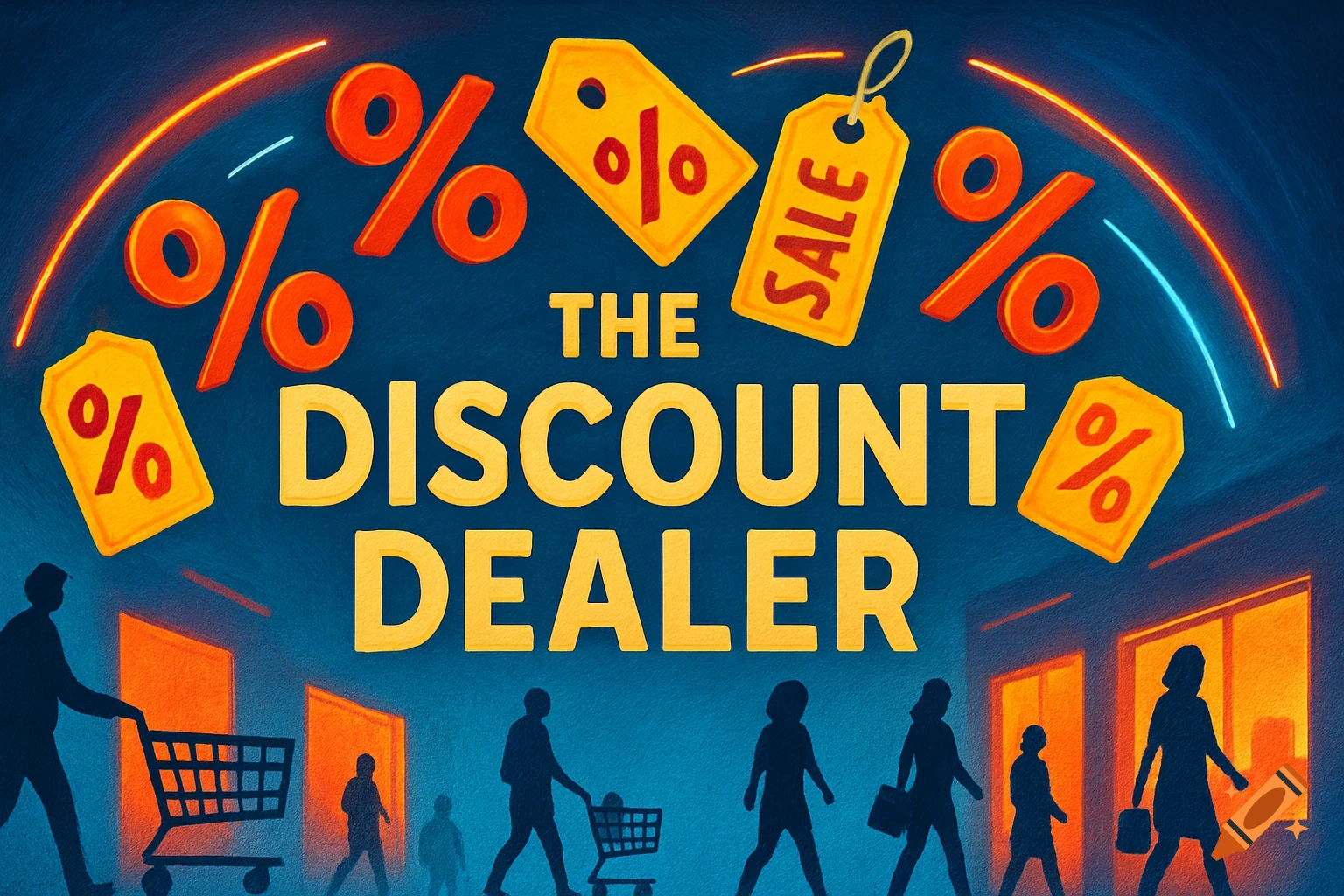 Stylized graphic for 'THE DISCOUNT DEALER' with large text, % signs, sale tags, and silhouettes of shoppers below.