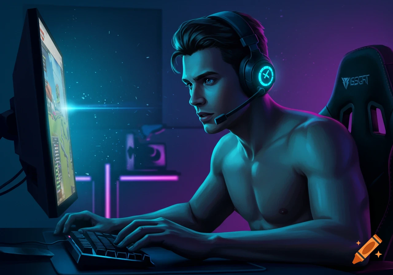 A shirtless man with headphones and a microphone headset intently plays a video game on a monitor, illuminated by blue and pink neon light in a dark room. He is sitting in a gaming chair and using a keyboard.