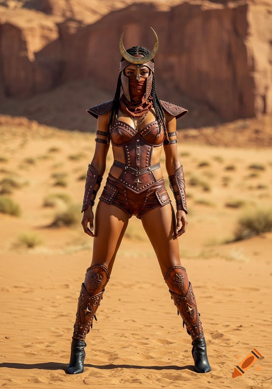 A woman in a reddish-brown leather warrior outfit with a crescent headpiece stands confidently in a desert landscape.