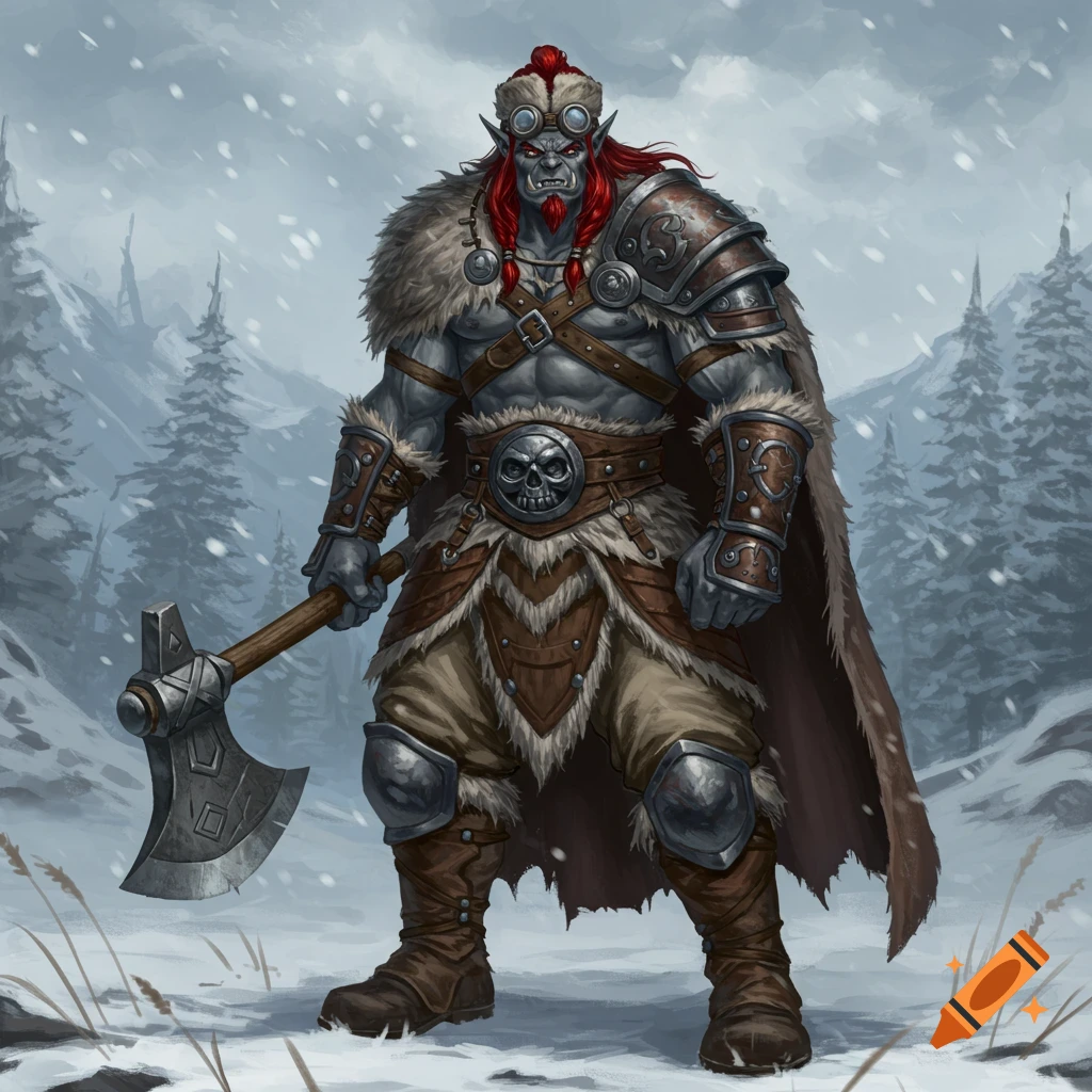 A formidable half-orc barbarian with grey skin, red hair, and fur armor stands with a battleaxe in a snowy forest.