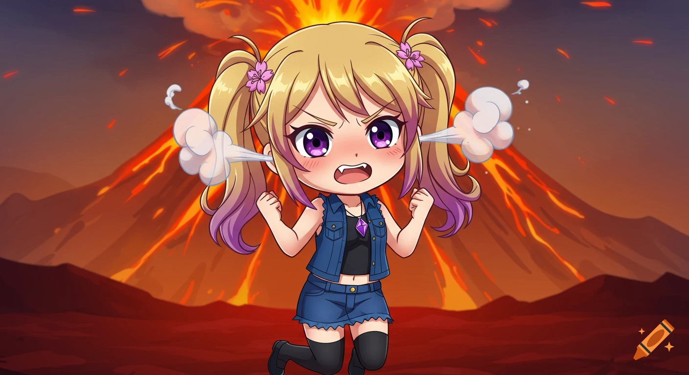 A furious chibi anime girl with blonde pigtails and purple streaks, steam escaping her ears, stands before an erupting volcano.