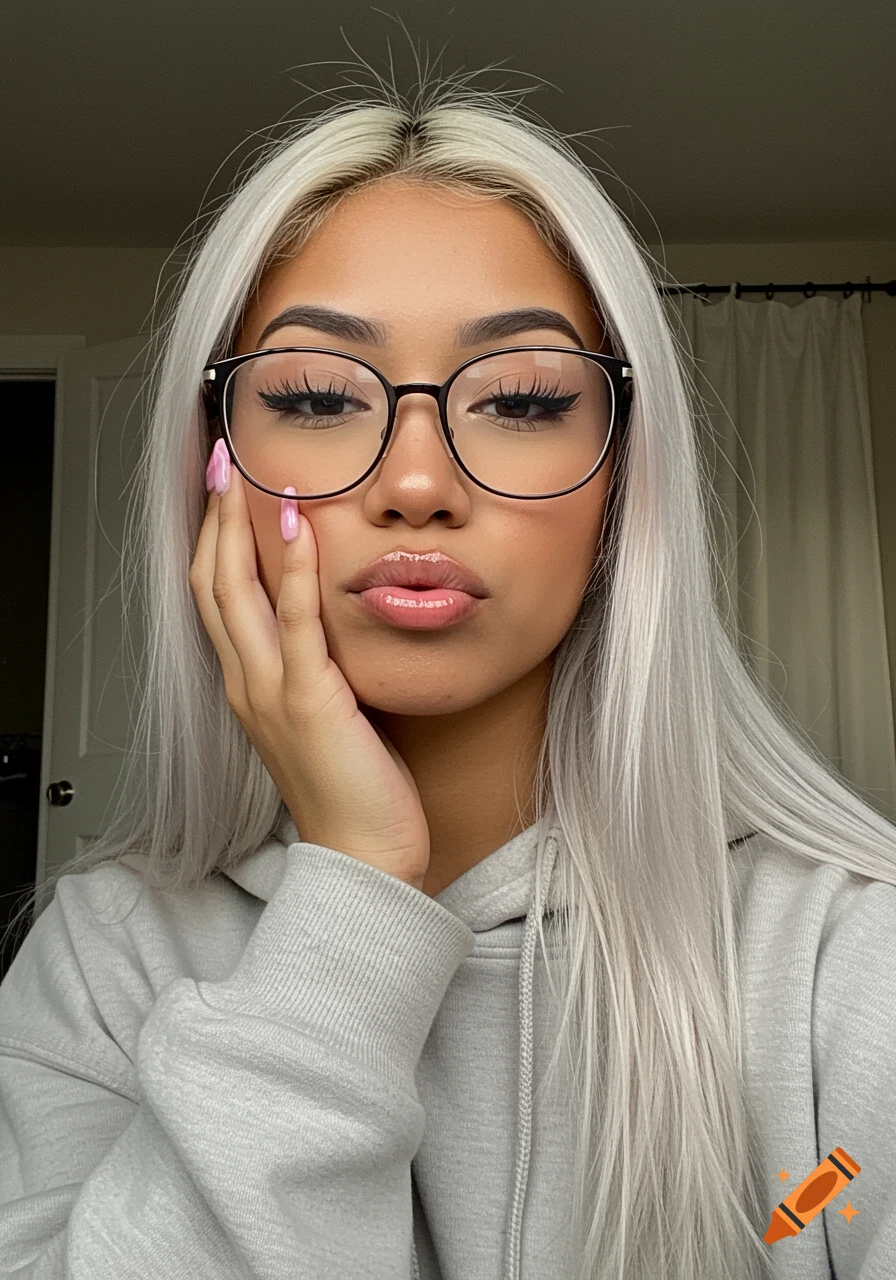 A young woman with long platinum blonde hair, glasses, and pink nails poses for a photorealistic selfie in a grey hoodie.