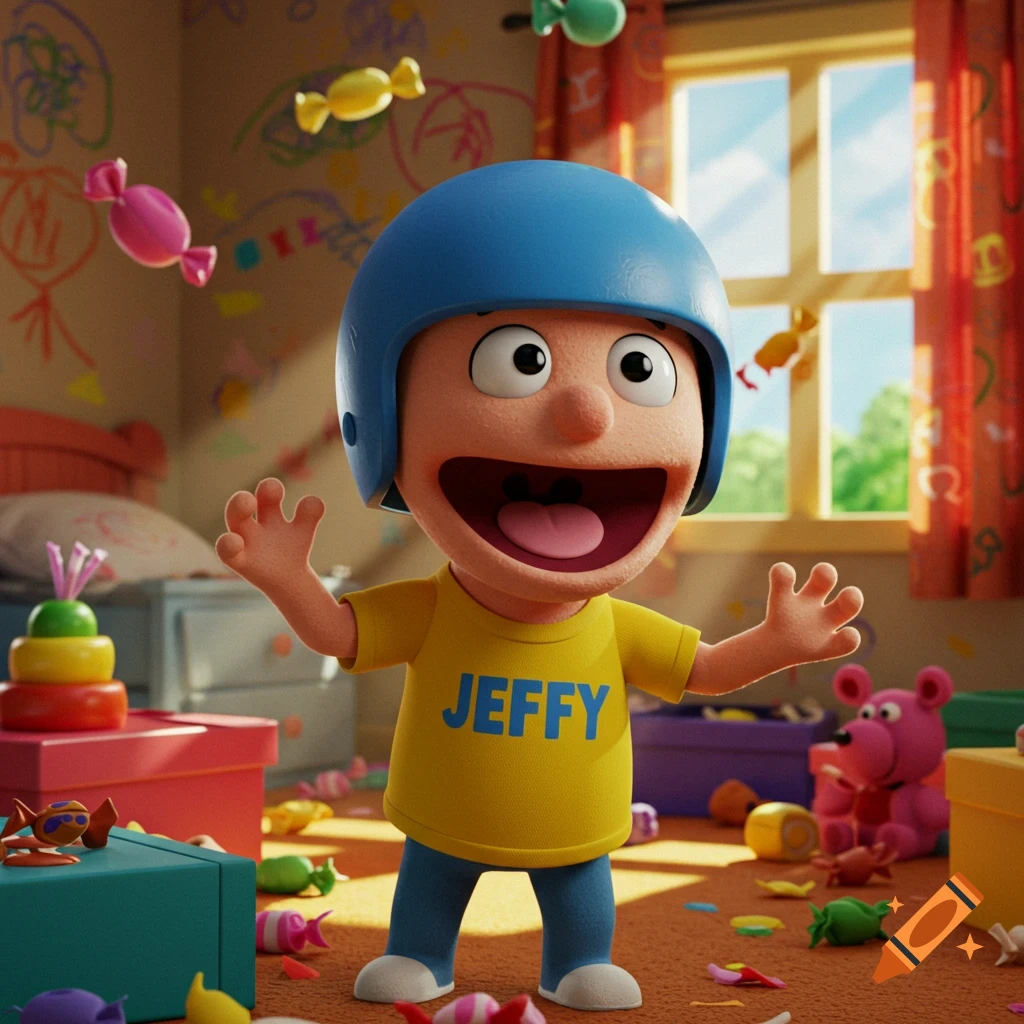 A wide-eyed cartoon boy character named Jeffy wearing a blue helmet and yellow shirt, standing in a candy-filled, messy room.
