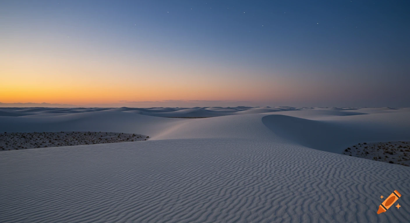 White sand dunes at dusk under a sky transitioning from orange to deep blue with faint stars.