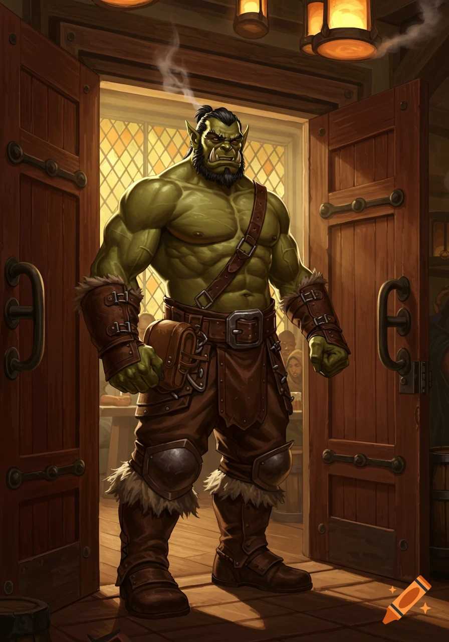 A muscular green-skinned half-orc bouncer with a beard stands in the doorway of a tavern.