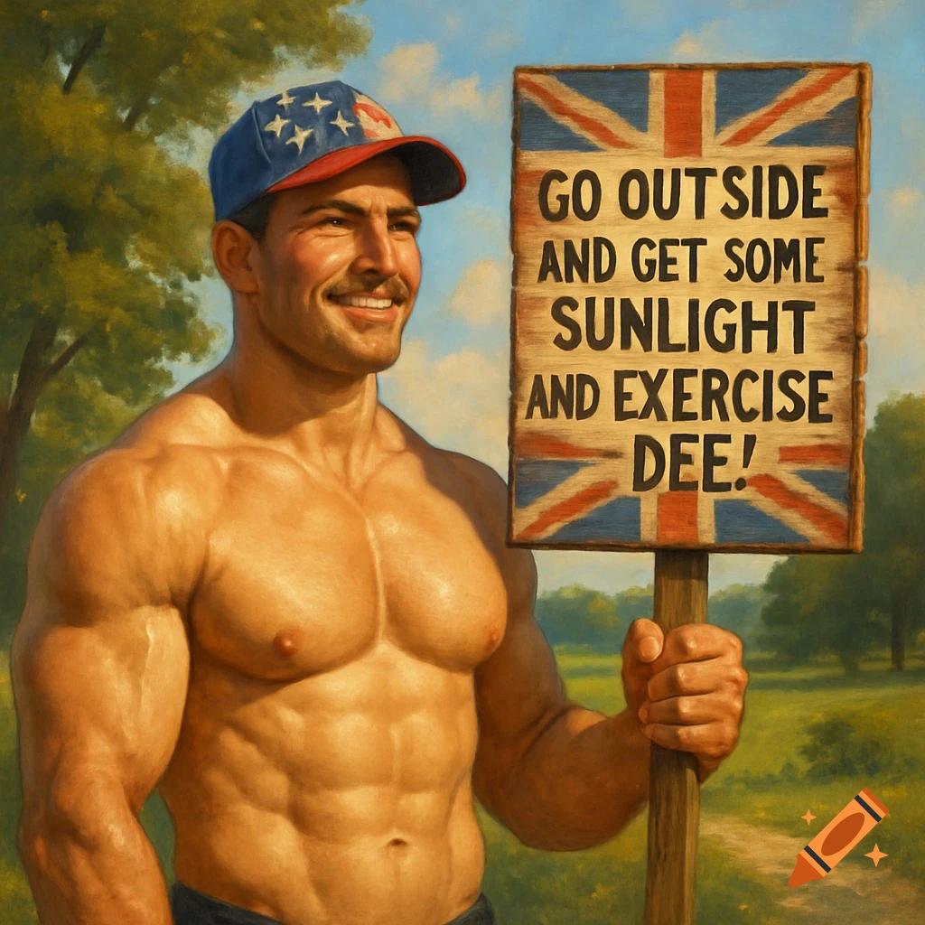 A muscular man in a US flag hat holds a wooden British flag sign that reads 'GO OUTSIDE AND GET SOME SUNLIGHT AND EXERCISE DEE!' in a sunny outdoor setting.