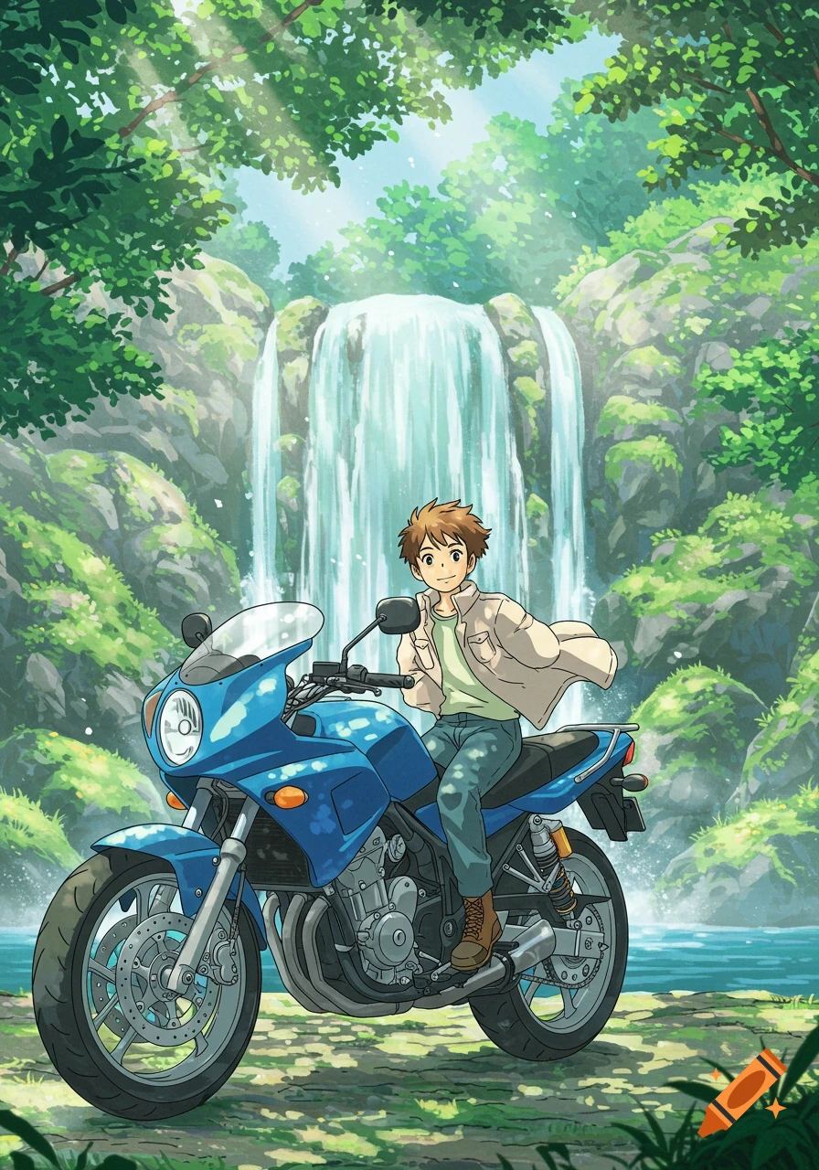 A young man on a blue motorcycle smiles in front of a large waterfall surrounded by lush green trees, in Studio Ghibli anime style.
