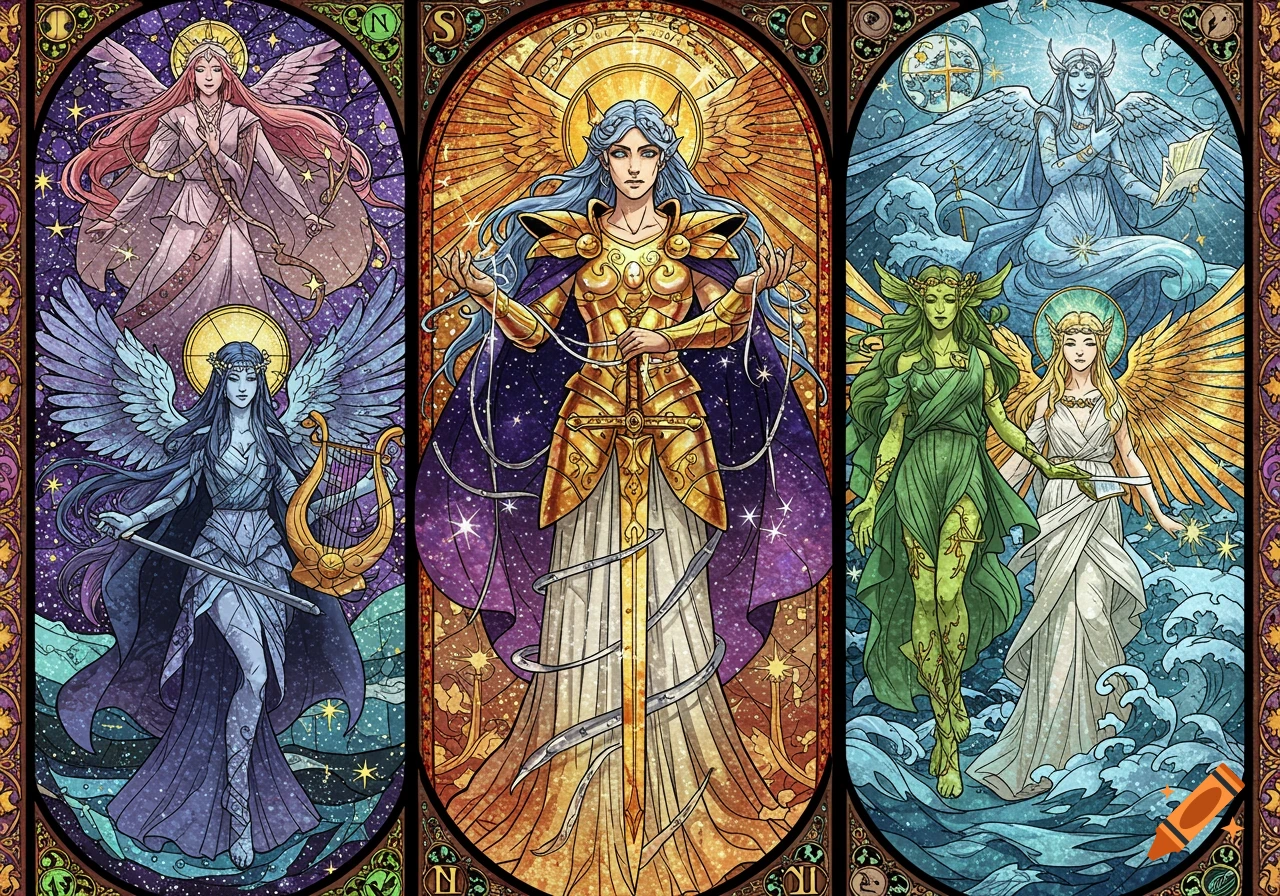 Three stained-glass panels depicting mythical figures. A central armored figure with a sword, flanked by two panels with two ethereal beings each, featuring wings, harps, and natural elements.