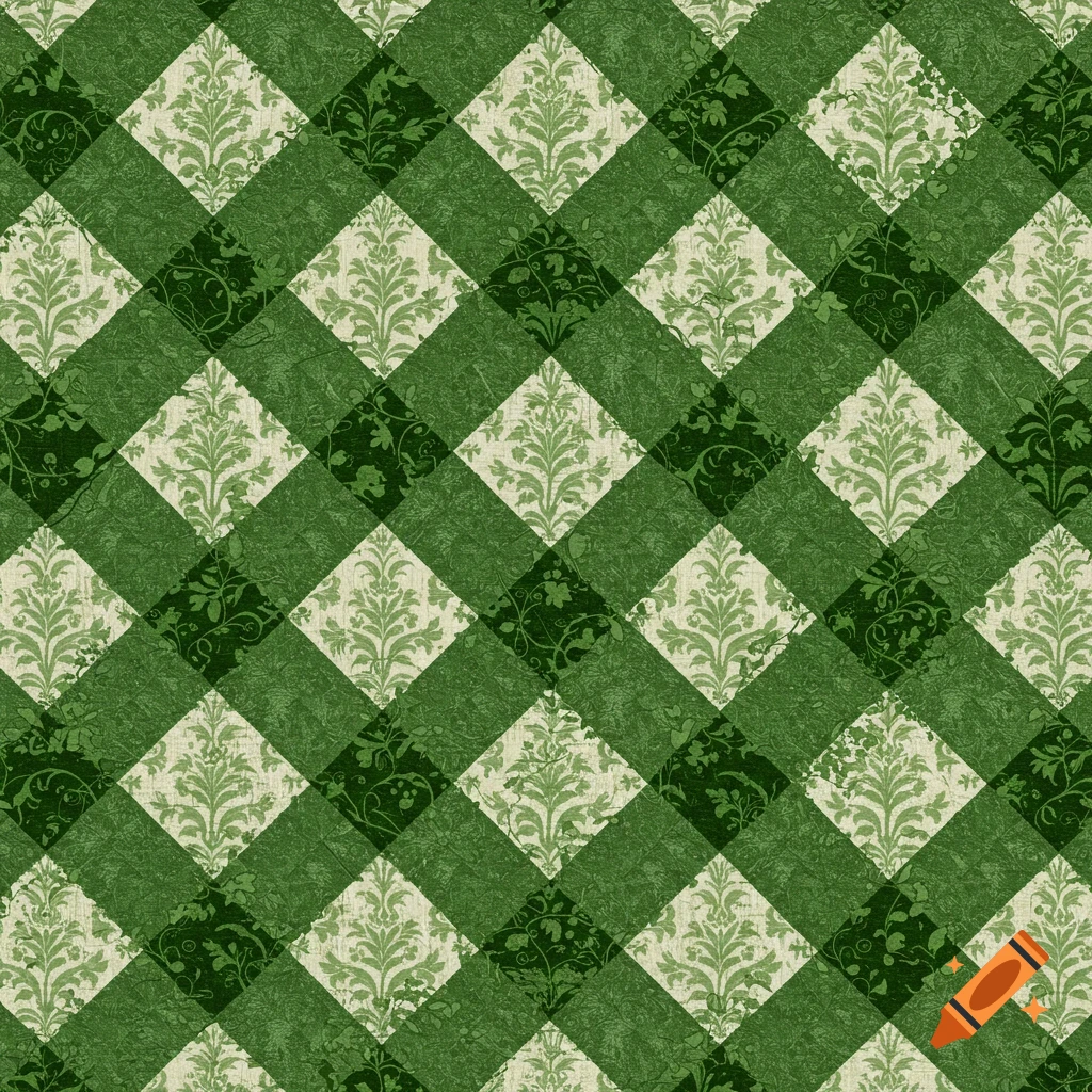 Repeating green diamond pattern with damask and ornate Victorian wallpaper designs.