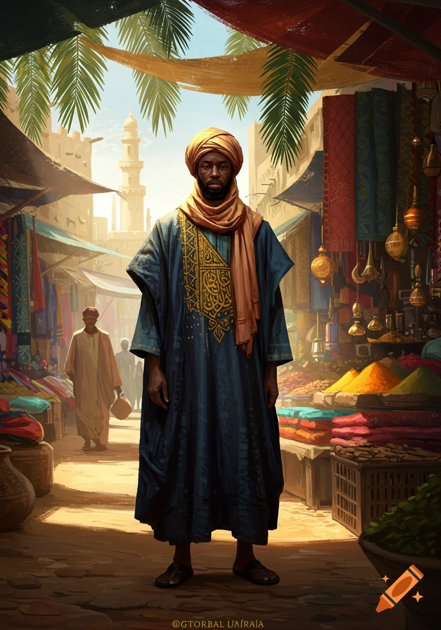 African man in a turban and blue robe standing in a busy, colorful marketplace under palm leaves.
