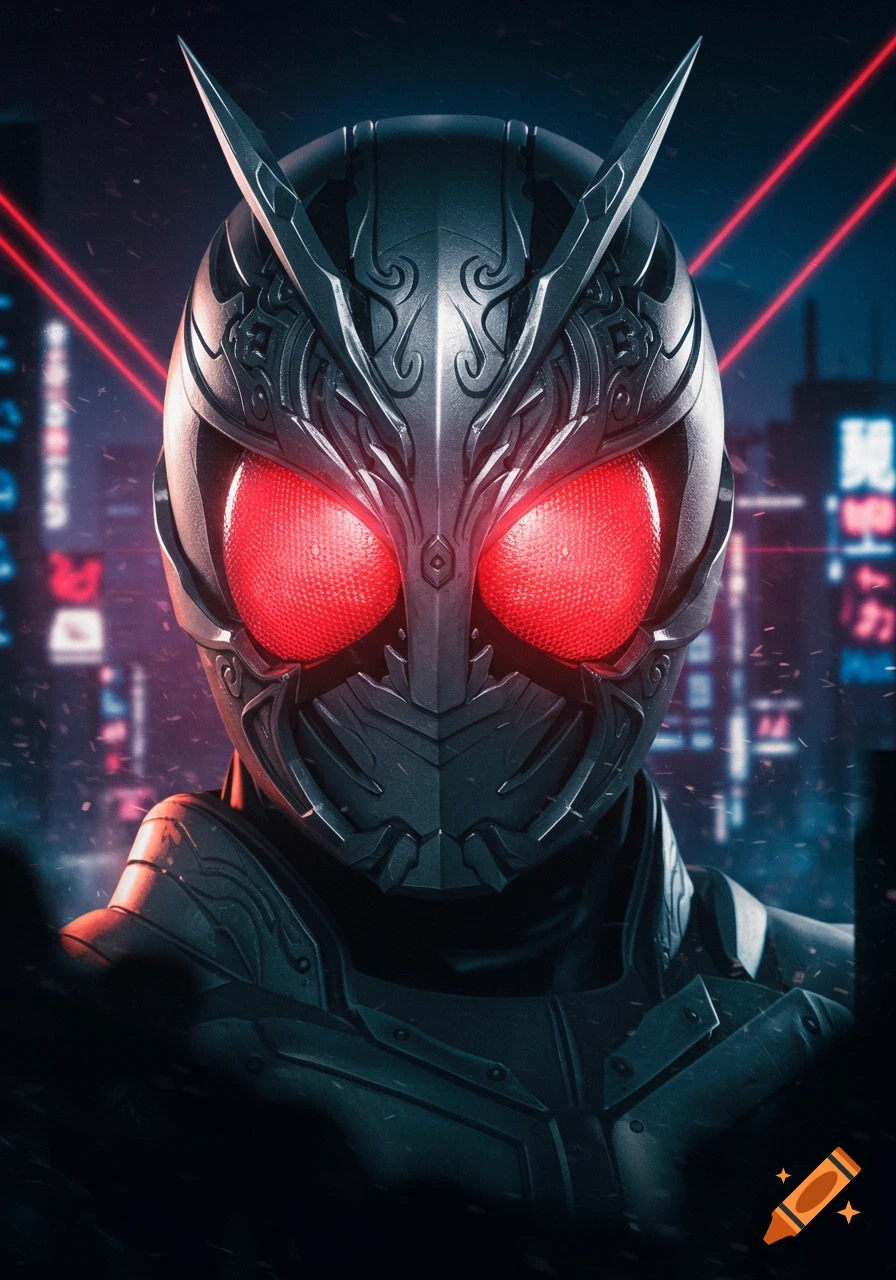 Close-up of a futuristic black and gray armored helmet with glowing red eyes, against a blurred cityscape.