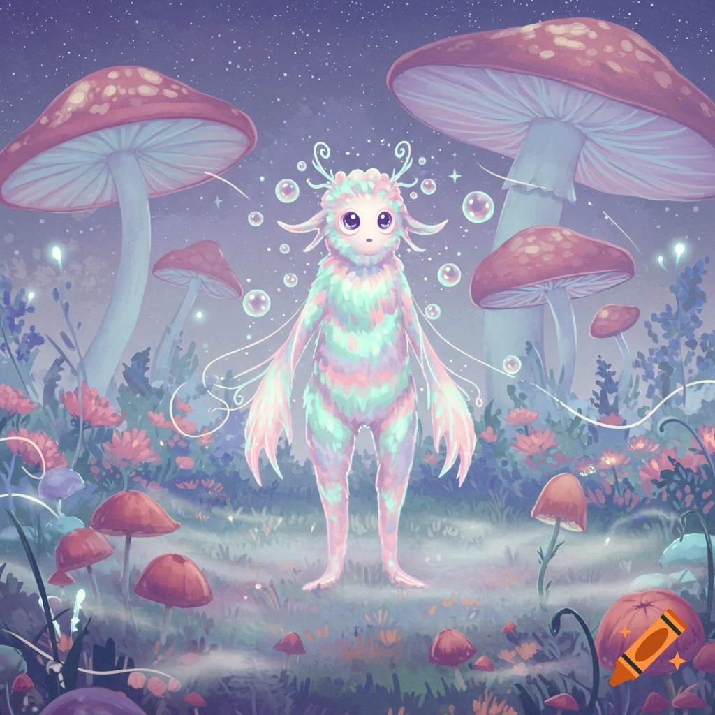 A fluffy, pastel dreamcore creature with large eyes stands among glowing mushrooms and plants in an ethereal forest at night.