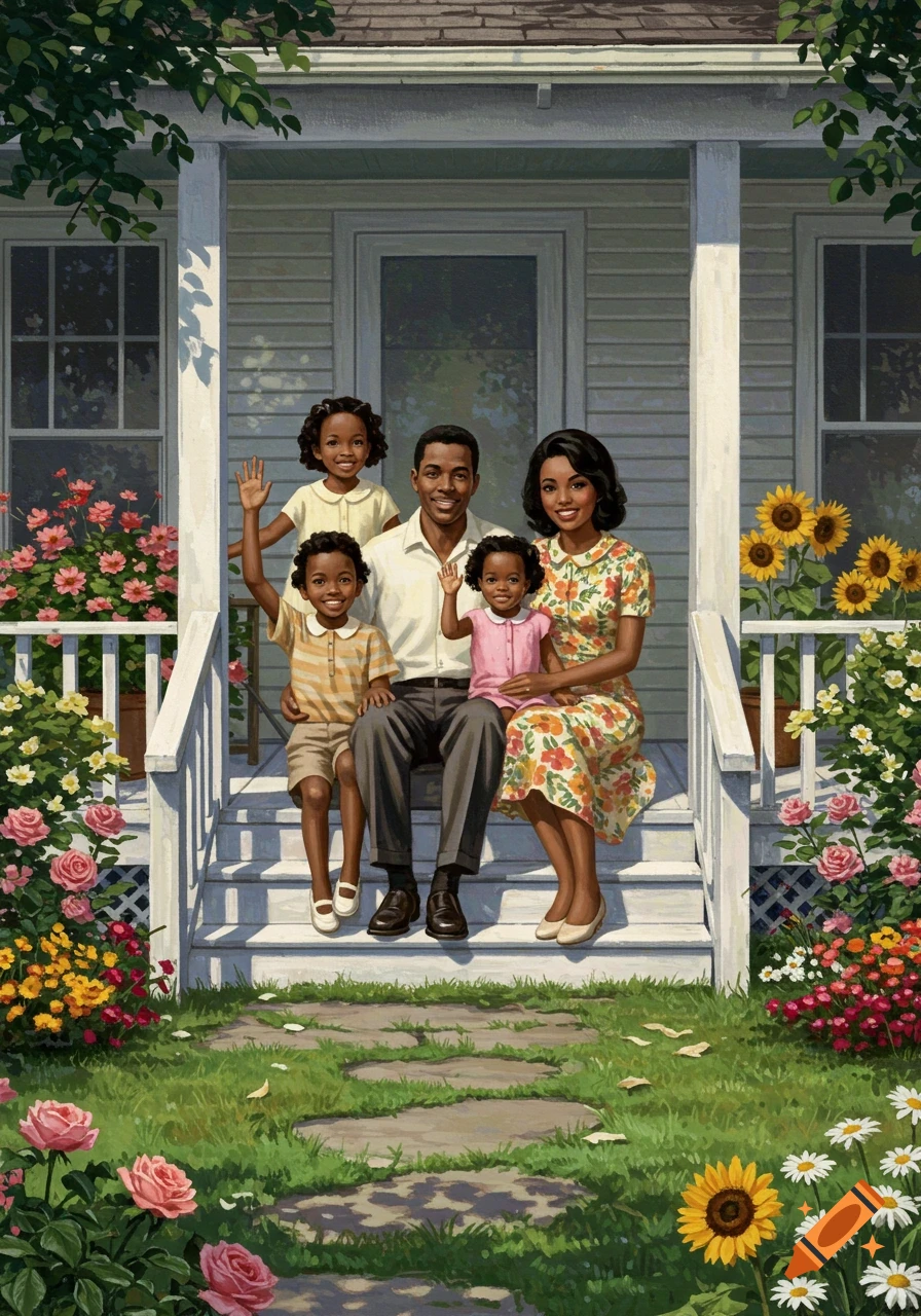 An illustration of an African American family of five on a porch, waving. Colorful flowers surround them.